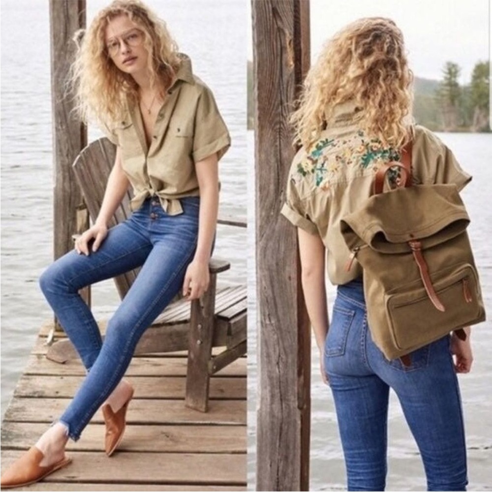 Madewell Olive Short-Sleeve Button-Down Shirt with Floral Embroidered Back
